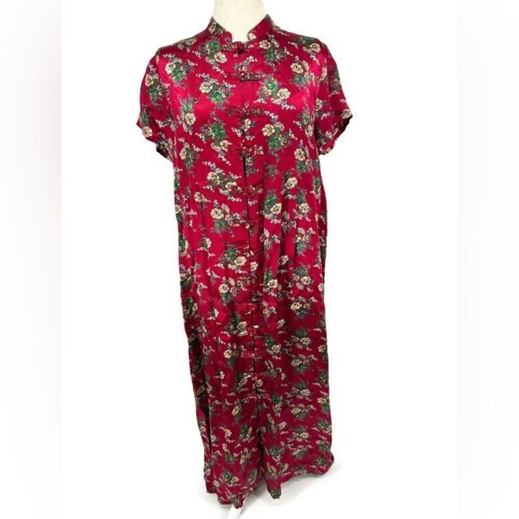 Vintage April Cornell Floral Satin Dress Mandarin Collar Button Front Large - Picture 1 of 8